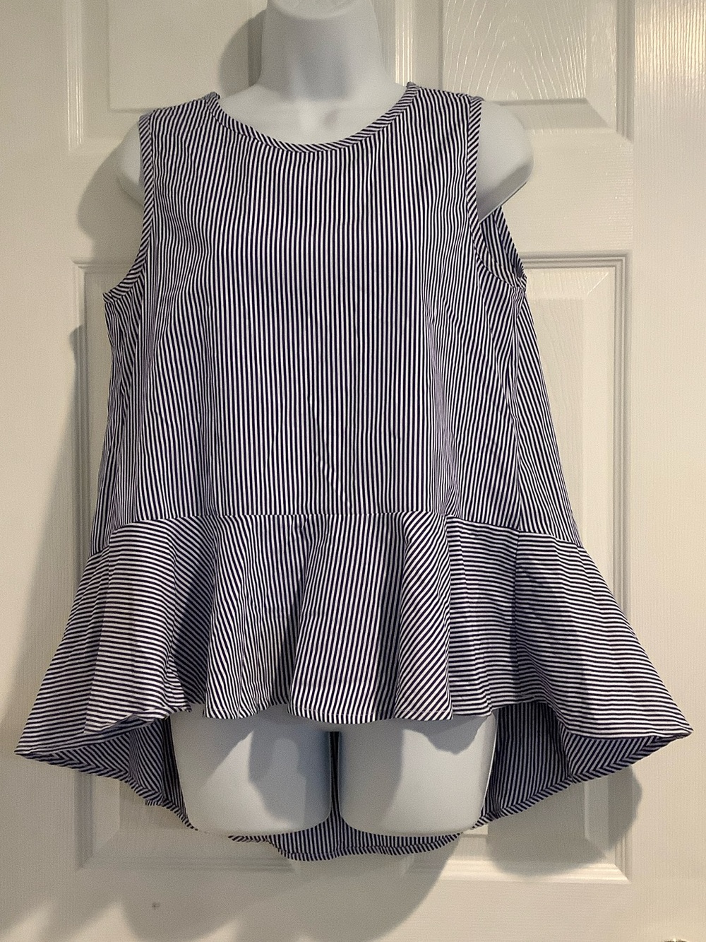 ENGLISH FACTORY Blue/White Stripe Oversized Nautical Coastal Summer Peplum Top S